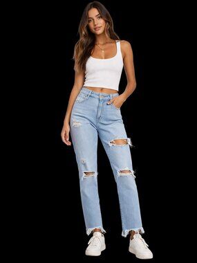 Abercrombie & Fitch Women's Light Wash Distressed Straight Leg Jeans, 26 / 2S